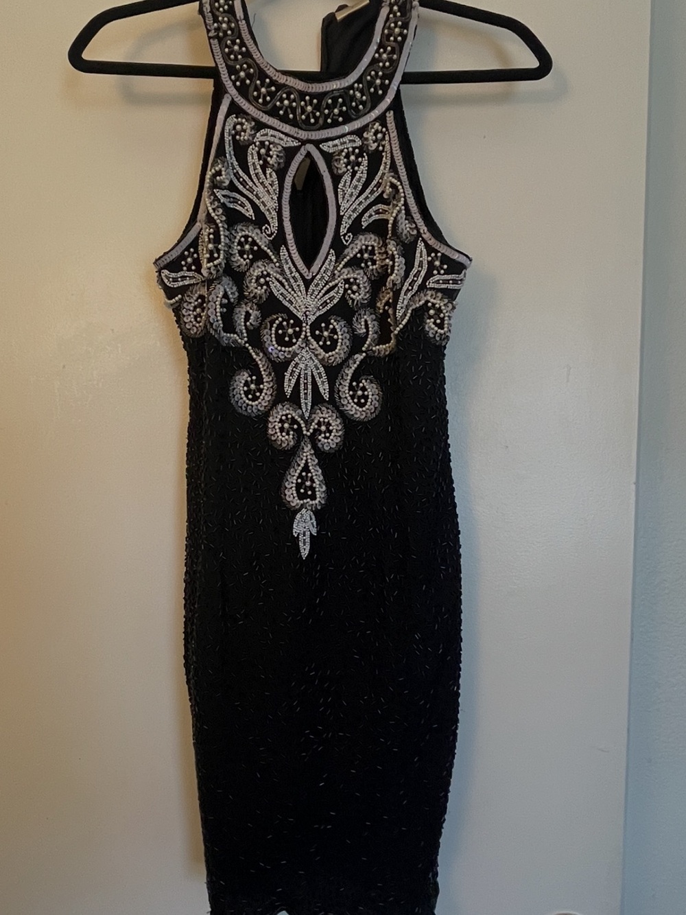 Black Beaded Halter Cocktail Dress